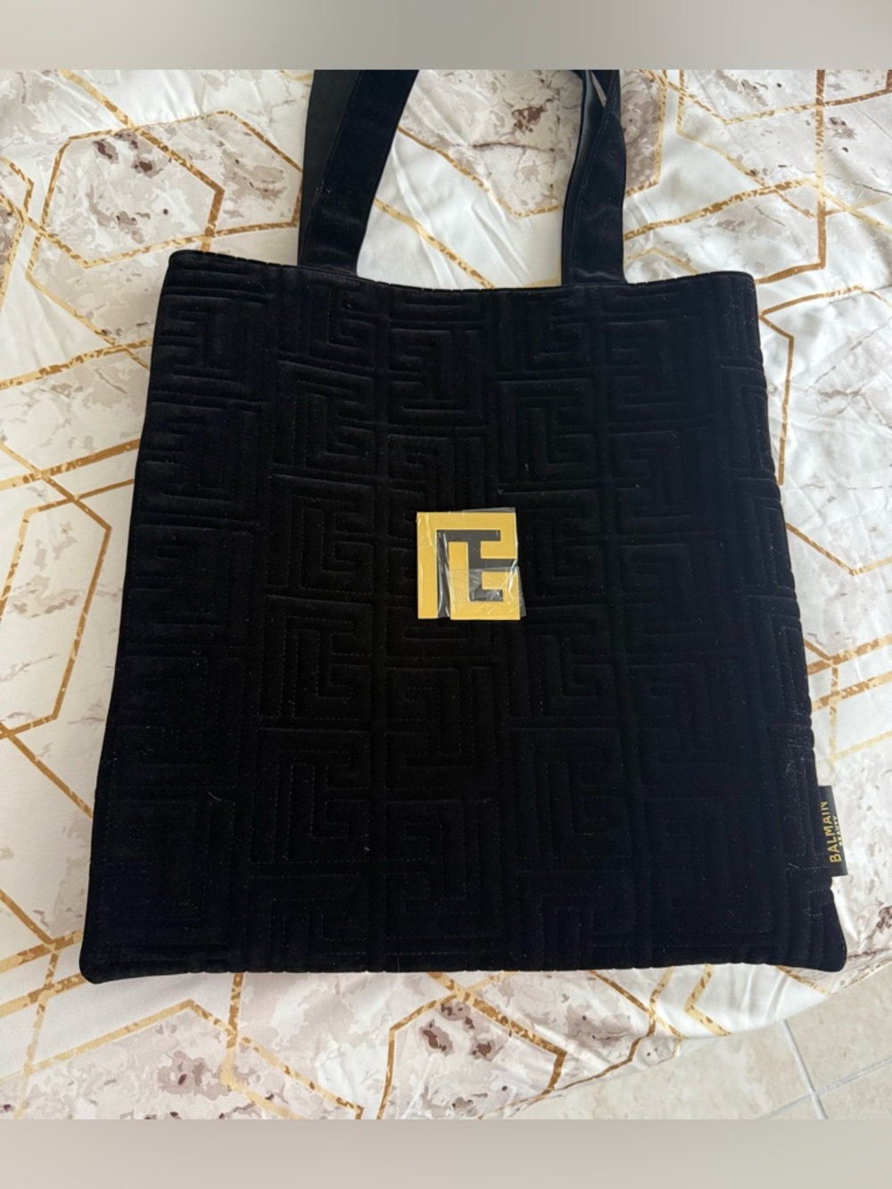 Balmain Black Velvet Tote with Gold Logo Plaque